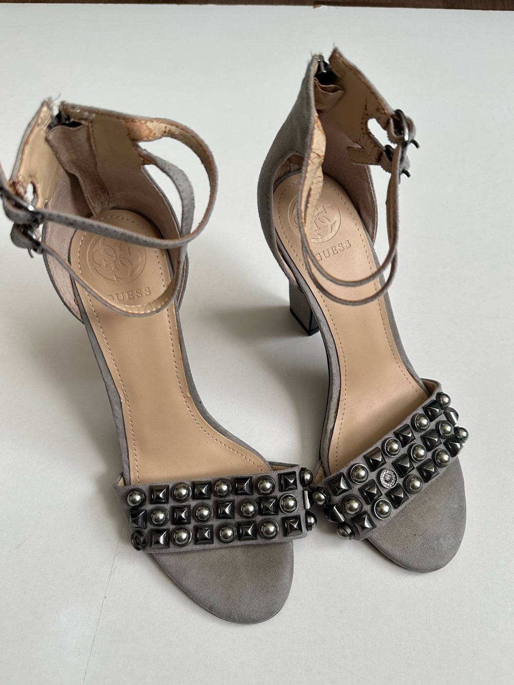 GUESS Gray Suede Studded Heels Sandals Size 7